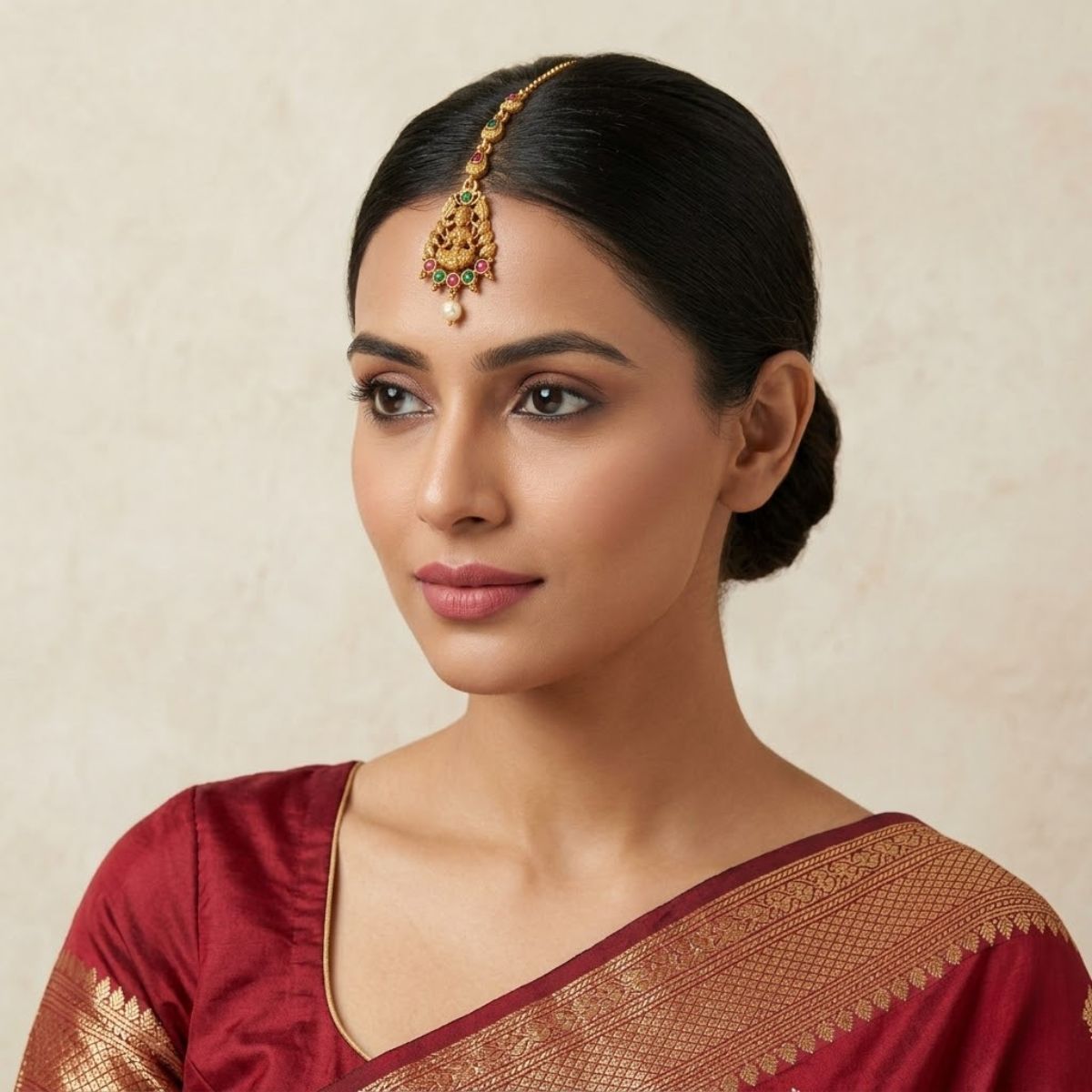 Accessher Matte Gold Plated Lakshmi Mata Maang Tikka with Ruby & Emerald Detailing - Temple Jewellery Inspired Design - Image 2