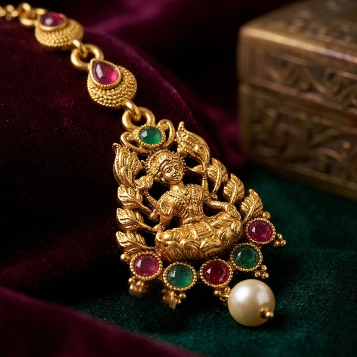 Accessher Matte Gold Plated Lakshmi Mata Maang Tikka with Ruby & Emerald Detailing - Temple Jewellery Inspired Design - Image 3