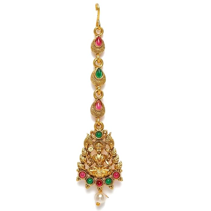 Accessher Matte Gold Plated Lakshmi Mata Maang Tikka with Ruby & Emerald Detailing - Temple Jewellery Inspired Design - Image 7