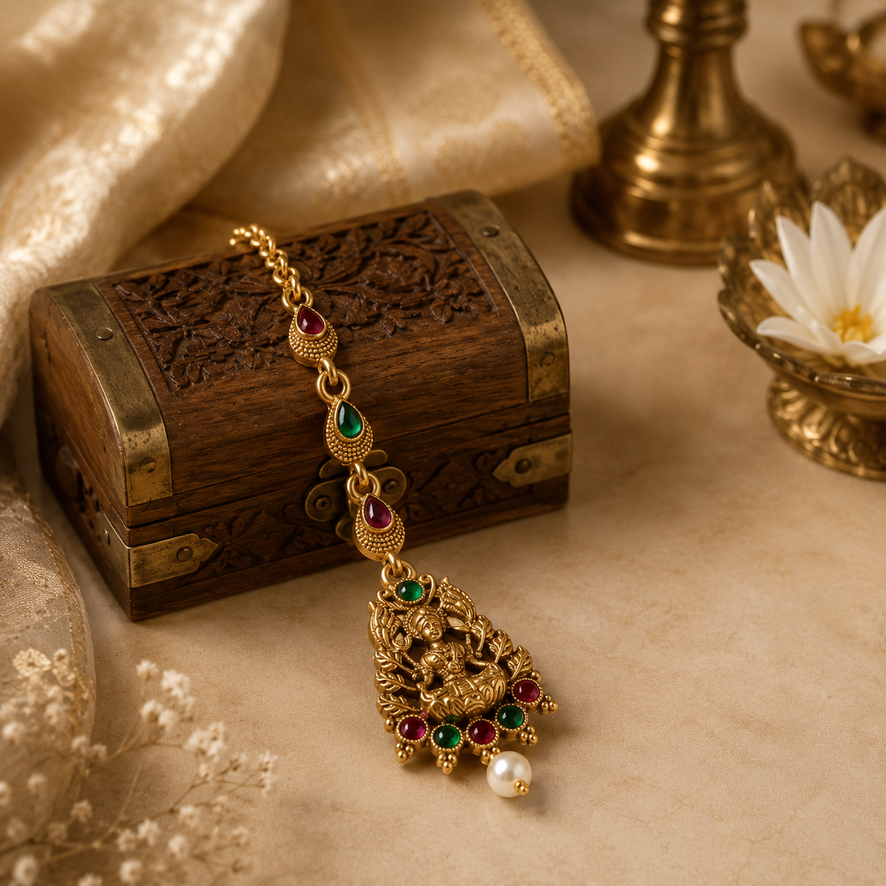 Accessher Matte Gold Plated Lakshmi Mata Maang Tikka with Ruby & Emerald Detailing - Temple Jewellery Inspired Design