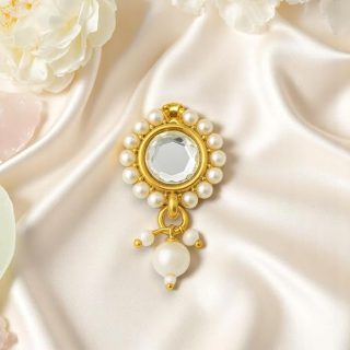 ACCESSHER American Diamond Shaped Nosepin with Beaded Pearl Outline, Gold Tone, Traditional Indian Faux Pearl Detailing, Non-Pierced Nose Accessory (Circular-Shaped)