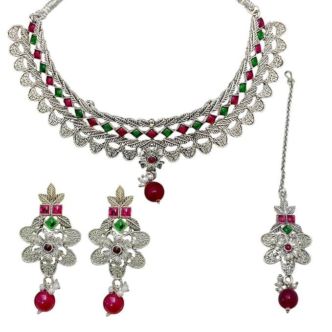 ACCESSHER Antique Design Oxidised Silver Necklace Set | Colored Stone Leaf Motif, with Earrings & Maangtikka | Lightweight & Stylish Jewellery for Women & Girls (Multicolor) - Image 4