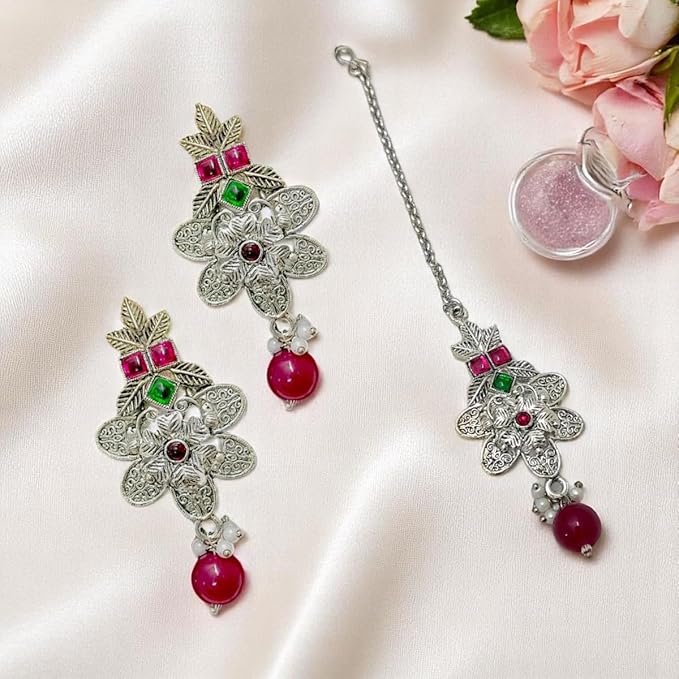 ACCESSHER Antique Design Oxidised Silver Necklace Set | Colored Stone Leaf Motif, with Earrings & Maangtikka | Lightweight & Stylish Jewellery for Women & Girls (Multicolor) - Image 3
