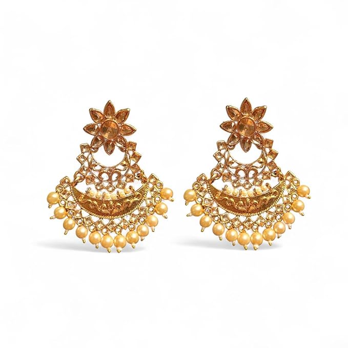 AccessHer Gold-Toned Traditional Earrings for Women | Chandbali with Kundan & Beads, Stylish Ethnic Earrings Set | Golden Earrings for Women & Girls (Golden) - Image 2