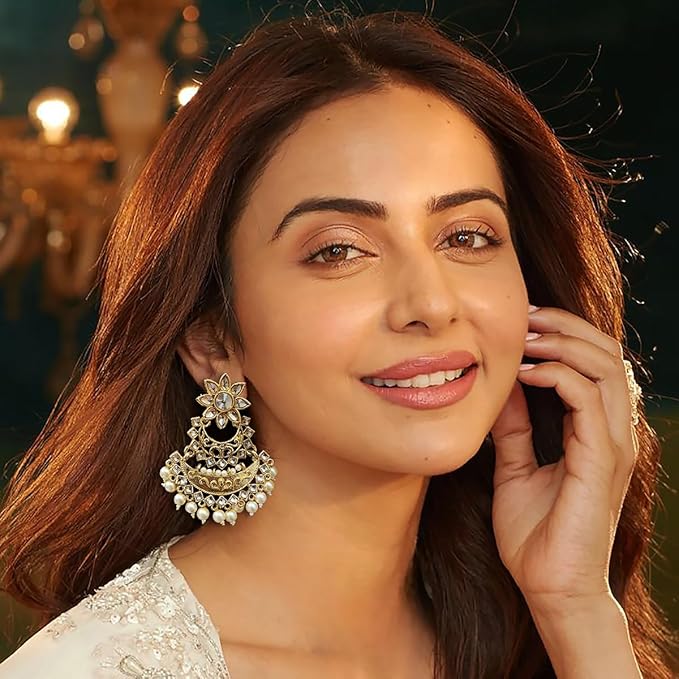 AccessHer Gold-Toned Traditional Earrings for Women | Chandbali with Kundan & Beads, Stylish Ethnic Earrings Set | Golden Earrings for Women & Girls (Golden) - Image 3