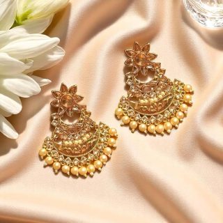 AccessHer Gold-Toned Traditional Earrings for Women | Chandbali with Kundan & Beads, Stylish Ethnic Earrings Set | Golden Earrings for Women & Girls (Golden)
