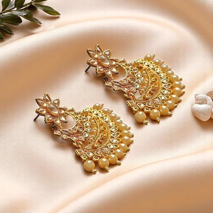 AccessHer Gold-Toned Traditional Earrings for Women | Chandbali with Kundan & Beads, Stylish Ethnic Earrings Set | Golden Earrings for Women & Girls (Golden) - Image 4