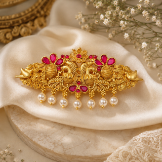 Accessher Matte Gold Plated Peacock Design Bridal Hair Barrette with Pearl Drops