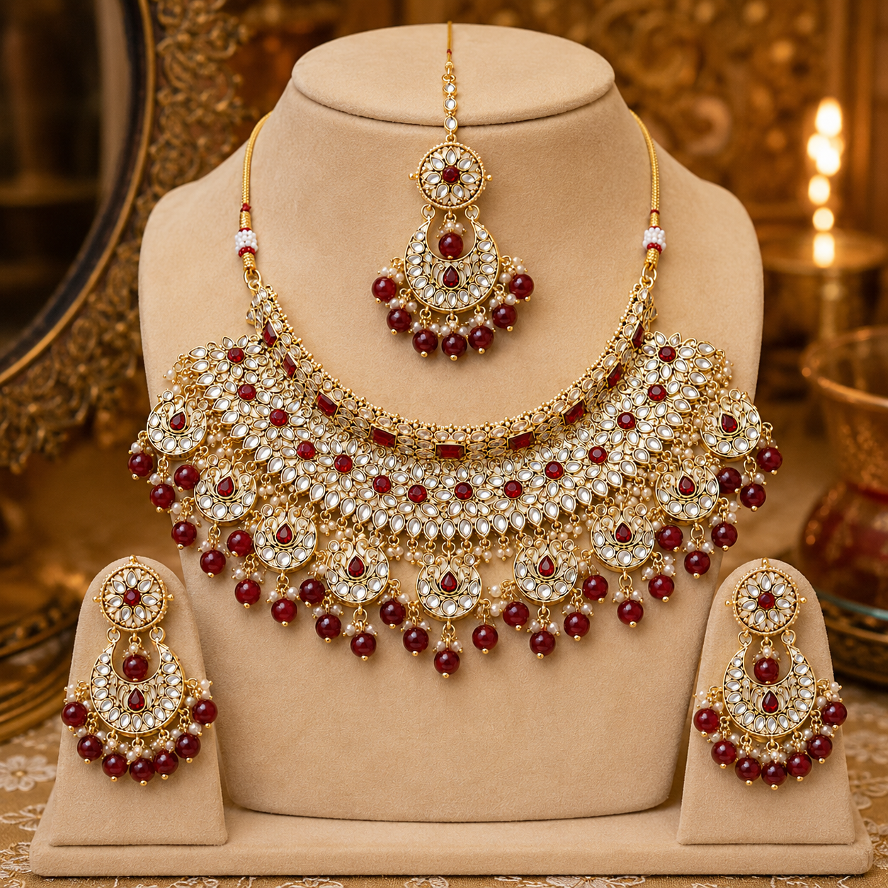 ACCESSHER Gold Plated Kundan & Ruby Stone Bridal Necklace Set with Earrings & Maang Tikka - Statement Traditional Jewellery