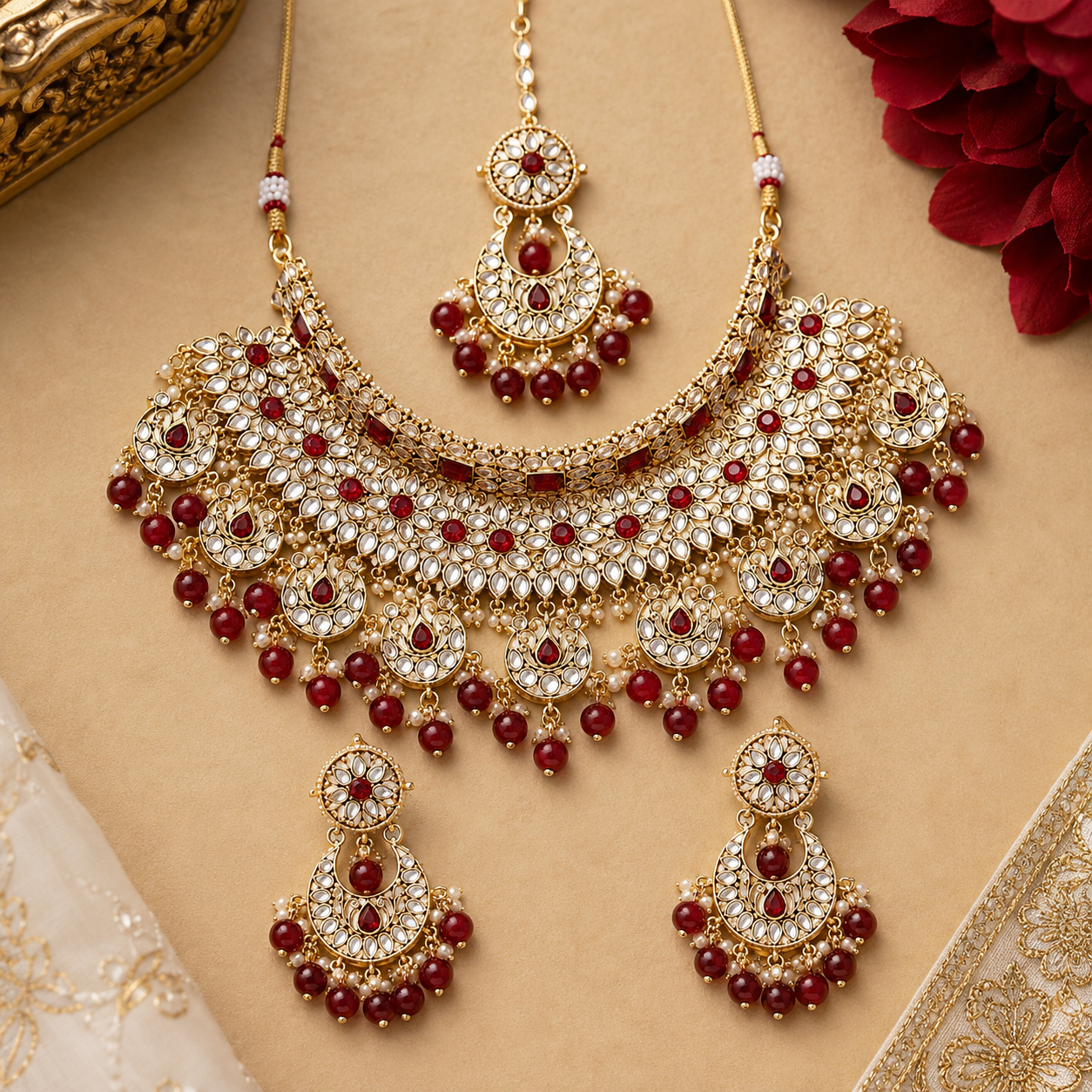ACCESSHER Gold Plated Kundan & Ruby Stone Bridal Necklace Set with Earrings & Maang Tikka - Statement Traditional Jewellery - Image 4