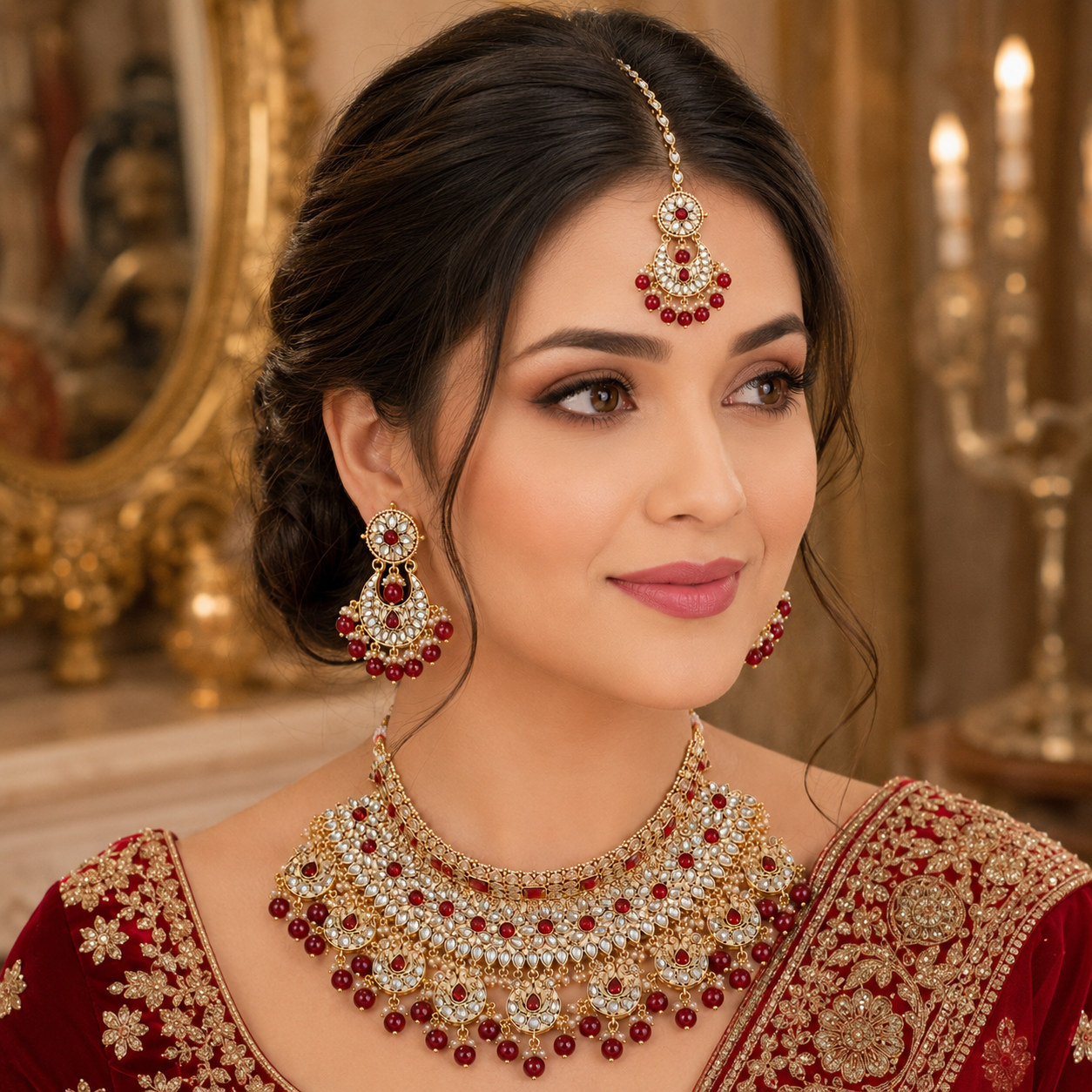 ACCESSHER Gold Plated Kundan & Ruby Stone Bridal Necklace Set with Earrings & Maang Tikka - Statement Traditional Jewellery - Image 3
