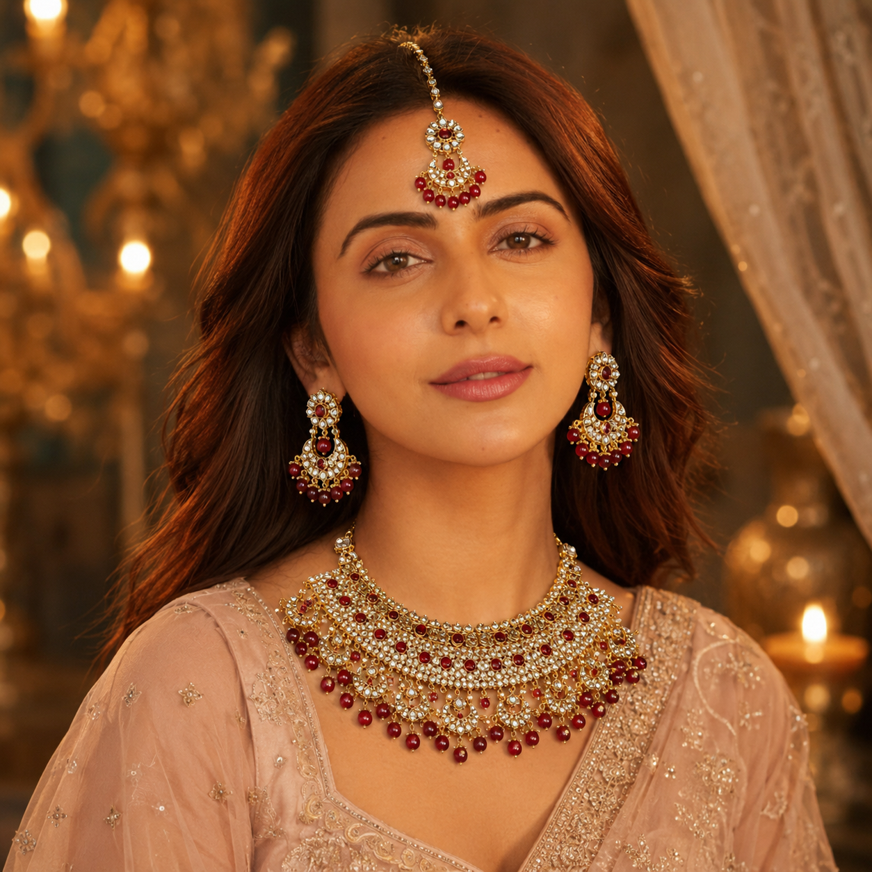 ACCESSHER Gold Plated Kundan & Ruby Stone Bridal Necklace Set with Earrings & Maang Tikka - Statement Traditional Jewellery - Image 2