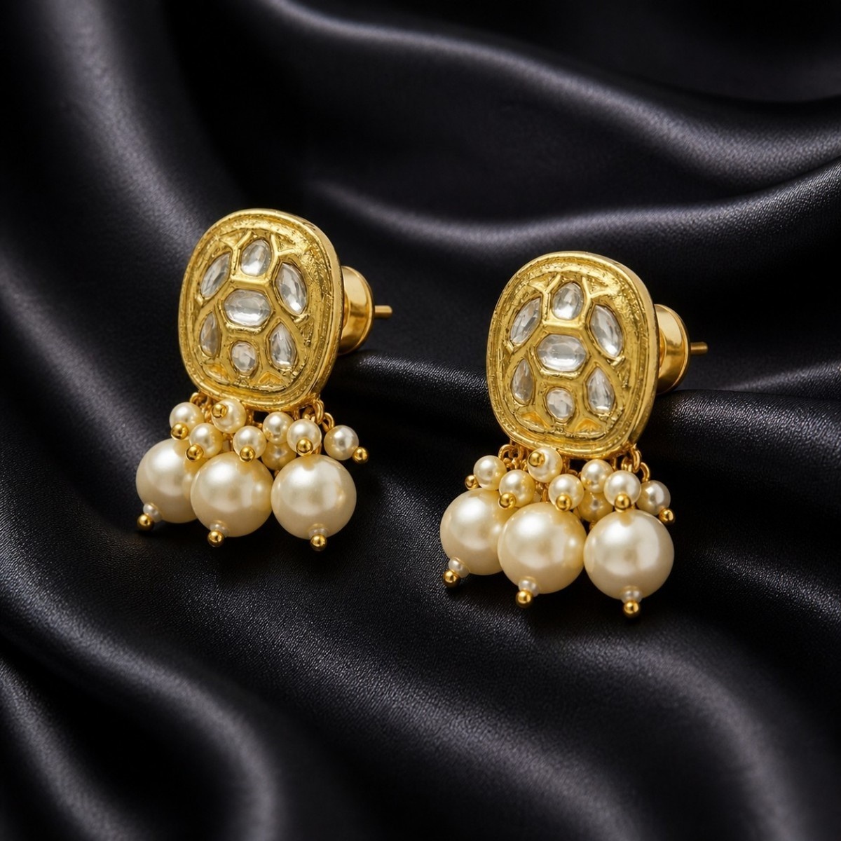 Accessher Gold Plated Kundan Stud Earrings - Pearl Drops & Push Back Closure - Image 5