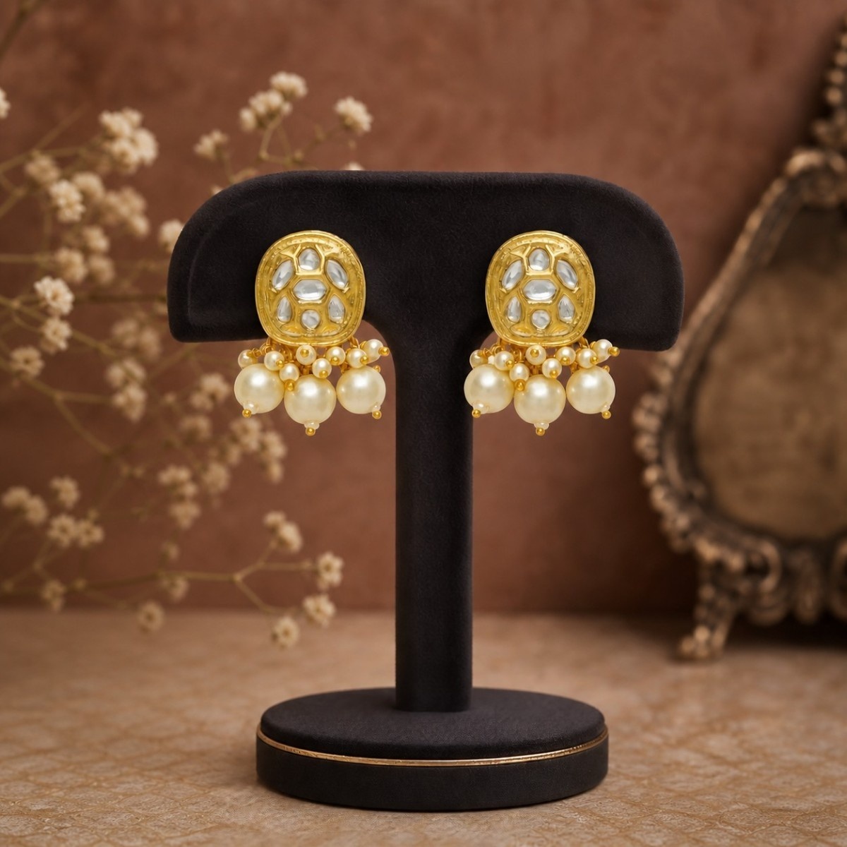 Accessher Gold Plated Kundan Stud Earrings - Pearl Drops & Push Back Closure - Image 6