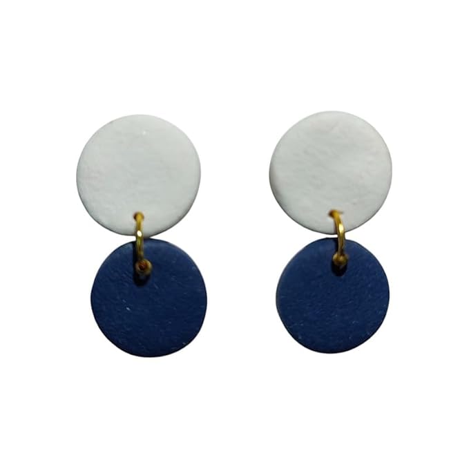 Accessher Delicate Circle Shaped Navy Blue and White Handmade Polymer Clay Earrings/Minimal Design Dangle Earrings/Summer Jewellery for Women and Girls - Image 4