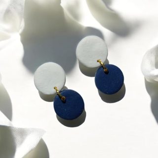 Accessher Navy Blue & White Circle Dangle Earrings with Handmade Polymer Clay Design - Minimal Summer Jewellery