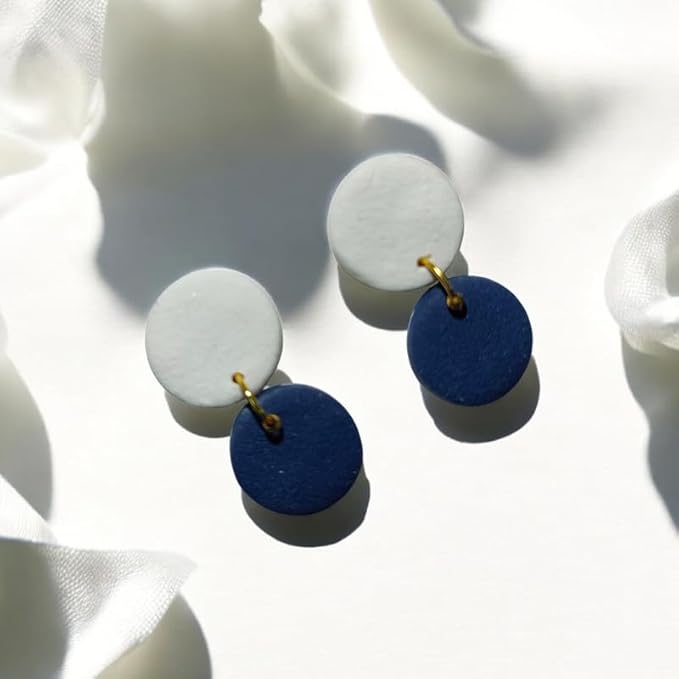 Accessher Delicate Circle Shaped Navy Blue and White Handmade Polymer Clay Earrings/Minimal Design Dangle Earrings/Summer Jewellery for Women and Girls