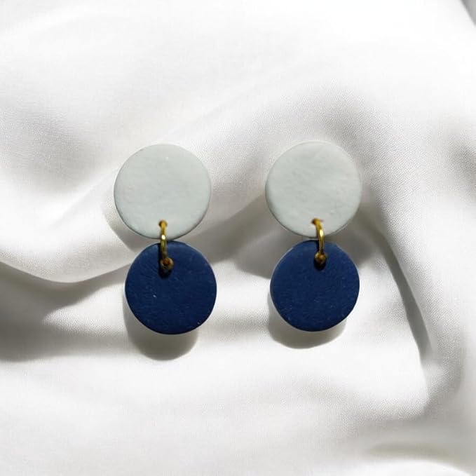 Accessher Delicate Circle Shaped Navy Blue and White Handmade Polymer Clay Earrings/Minimal Design Dangle Earrings/Summer Jewellery for Women and Girls - Image 3