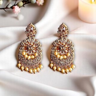 ACCESSHER Dangler Earrings for Women | Traditional Floral design with Pearl & White Stone Detailing | Lightweight & Stylish Earrings for Women & Girls (Rose Gold)