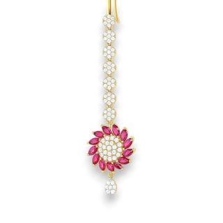 Accessher Dual Tone Floral Maang Tikka with American Diamond & Pink Stone Detailing - Lightweight Ethnic Jewellery