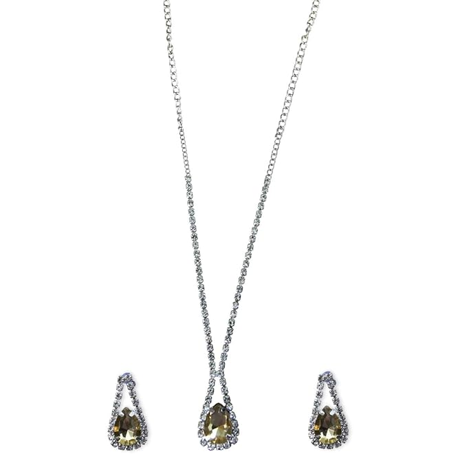 ACCESSHER Silver Tone American Diamond Studded Necklace Jewellery with Teardrop Pendant, Fashionable Necklace With Earrings Set for Women & Girls (Light Yellow) - Image 3