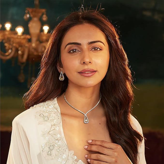 ACCESSHER Silver Tone American Diamond Studded Necklace Jewellery with Teardrop Pendant, Fashionable Necklace With Earrings Set for Women & Girls (Light Yellow) - Image 2