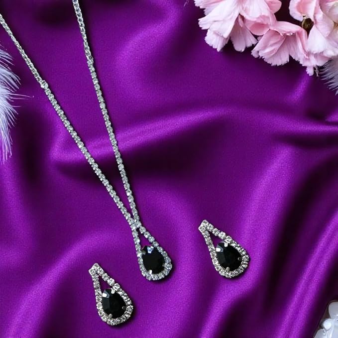 ACCESSHER Silver-Plated Teardrop Pendant Necklace with Black Stone and CZ Chain for Women | Elegant Western Style Jewellery for Party, Wedding & Gifting (Black)