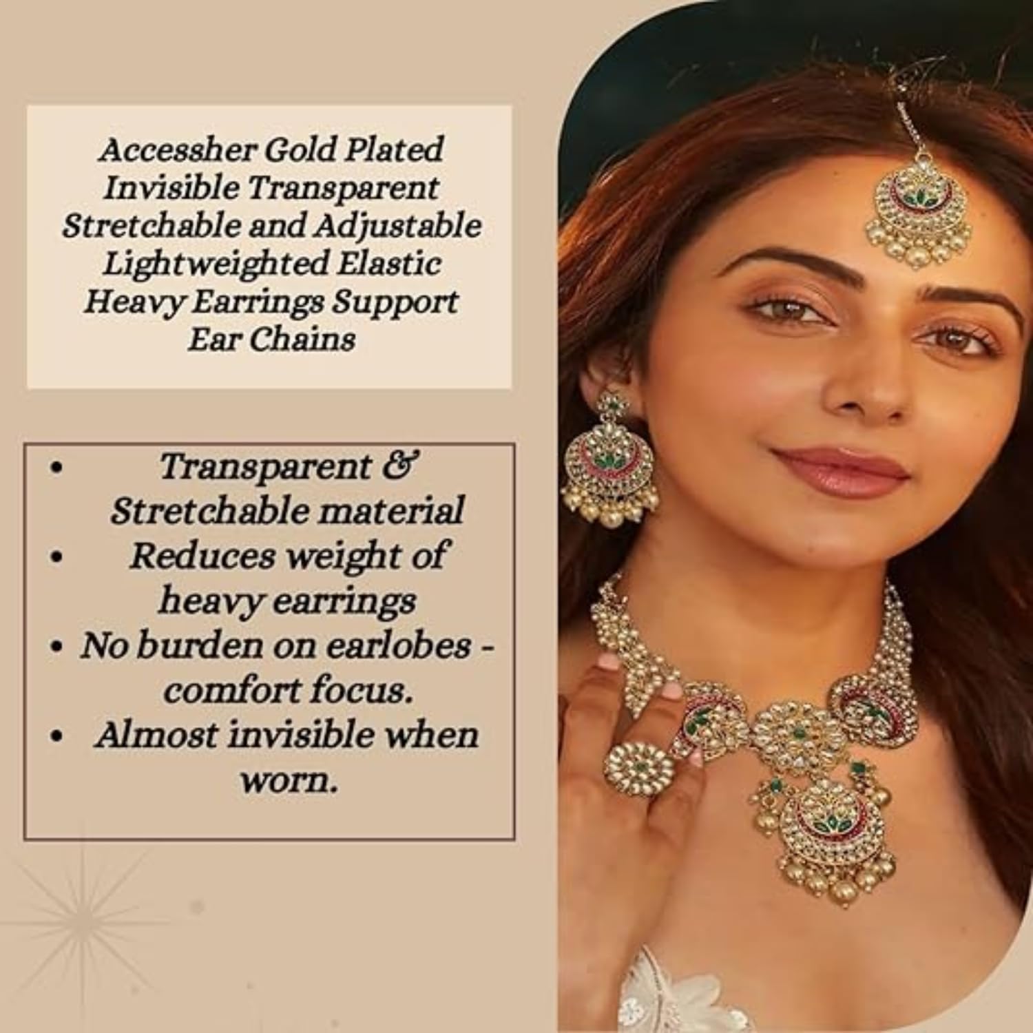 Accessher Gold Plated Invisible Transparent Stretchable and Adjustable Lightweighted Elastic Heavy Earrings Support Ear Chains for Women and Girls (Pack of 6) - Image 4
