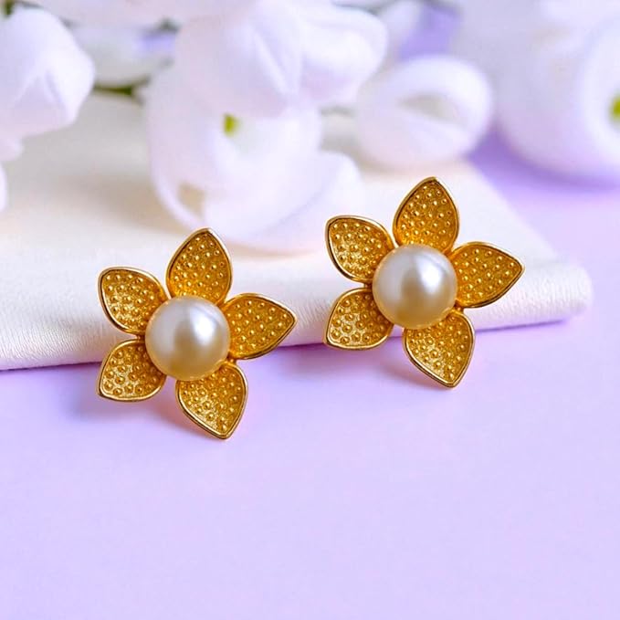 AccessHer Elegant Gold-Plated Floral Stud tops Earrings with Pearl Center | Contemporary Mini Stud Jewellery For Gift | Lightweight Earrings for Women & Girls