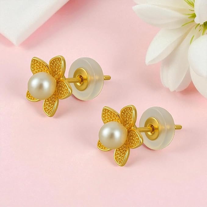 AccessHer Elegant Gold-Plated Floral Stud tops Earrings with Pearl Center | Contemporary Mini Stud Jewellery For Gift | Lightweight Earrings for Women & Girls - Image 4