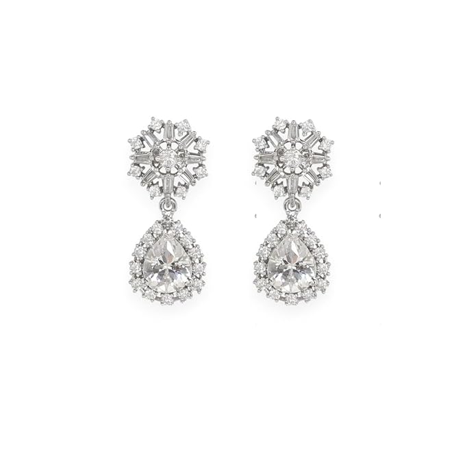 Accessher Elegant Silver Plated Minimalist American Diamond Drop Earrings with Intricate Floral Design Lightweight Comfortable Wear for Women and Girls - Image 4