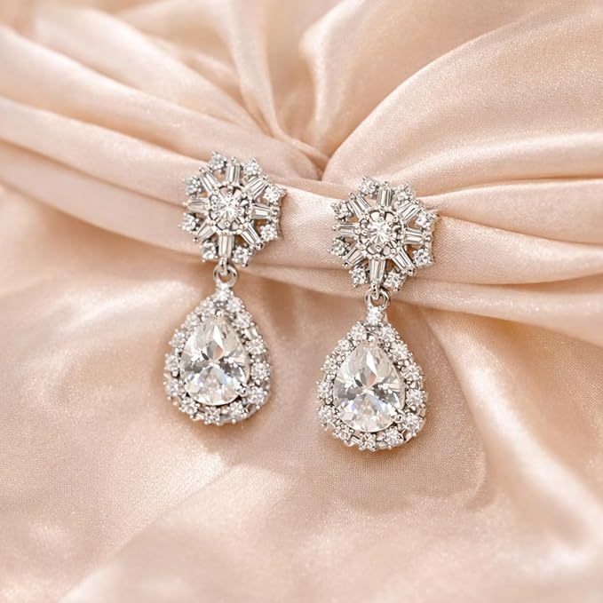 Accessher Elegant Silver Plated Minimalist American Diamond Drop Earrings with Intricate Floral Design Lightweight Comfortable Wear for Women and Girls