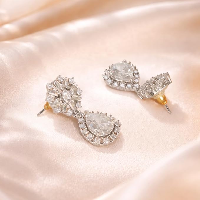 Accessher Elegant Silver Plated Minimalist American Diamond Drop Earrings with Intricate Floral Design Lightweight Comfortable Wear for Women and Girls - Image 3