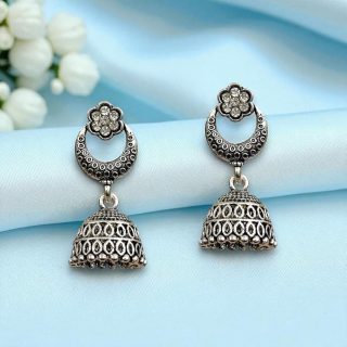 ACCESSHER Oxidised Silver Dome Jhumka Earrings with Traditional Filigree Design | Elegant Ethnic Earrings | Small Size Jhumka for Women and Girls