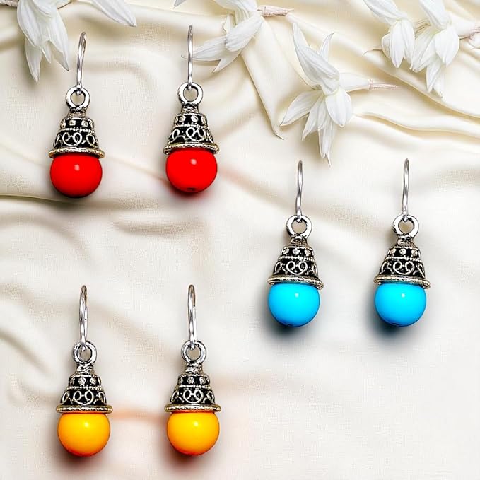 ACCESSHER Ethnic Drop Earrings Combo Set | Multicolour Beaded Earrings with Antique Silver Cap Detailing | Lightweight Jewellery Gift Collection for Women and Girls (Set of 3)