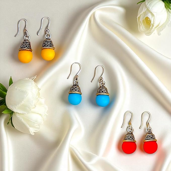 ACCESSHER Ethnic Drop Earrings Combo Set | Multicolour Beaded Earrings with Antique Silver Cap Detailing | Lightweight Jewellery Gift Collection for Women and Girls (Set of 3) - Image 3