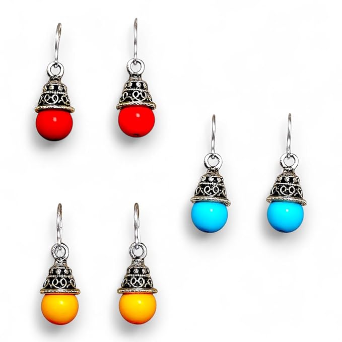 ACCESSHER Ethnic Drop Earrings Combo Set | Multicolour Beaded Earrings with Antique Silver Cap Detailing | Lightweight Jewellery Gift Collection for Women and Girls (Set of 3) - Image 4