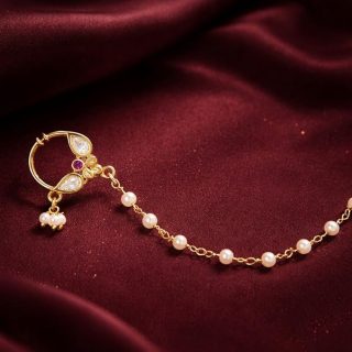 ACCESSHER Gold Plated Traditional and Ethnic Ruby Kundan Embellished Delicate Clip On/Non-Piercing Nose Ring/Nathani with Pearl Chain for Women Pack of 1