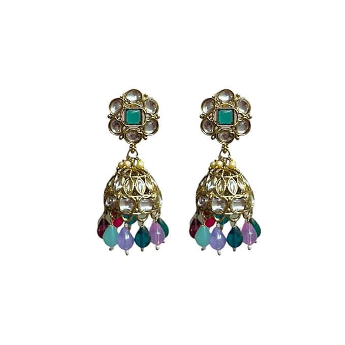 ACCESSHER Women's & Girl's Stylish Gold-Tone Jhumka Earrings Faux Pearl And Lavender Beaded Design & Kundan Stone For Weddings And Occasions (Greenish Blue) - Image 3