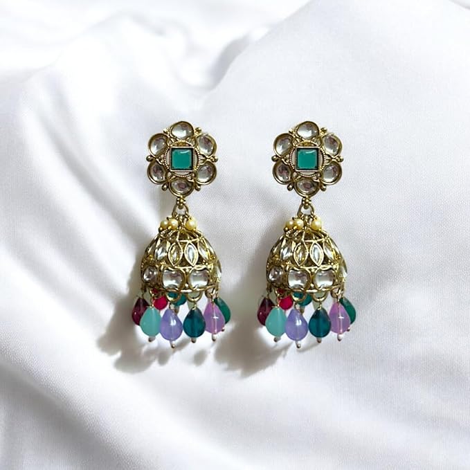 ACCESSHER Women's & Girl's Stylish Gold-Tone Jhumka Earrings Faux Pearl And Lavender Beaded Design & Kundan Stone For Weddings And Occasions (Greenish Blue) - Image 4