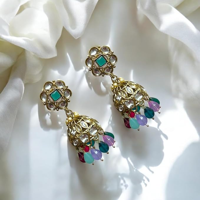 ACCESSHER Women's & Girl's Stylish Gold-Tone Jhumka Earrings Faux Pearl And Lavender Beaded Design & Kundan Stone For Weddings And Occasions (Greenish Blue)