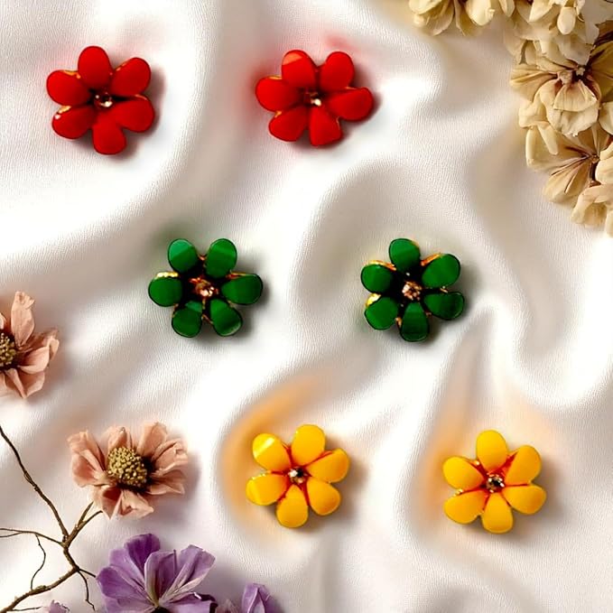 ACCESSHER Flower Stud Earrings in Red, Green, Yellow with Crystal Center | Lightweight Daily Jewellery Gift Option | Stylish Earrings for Women and Girls (Set of 3)