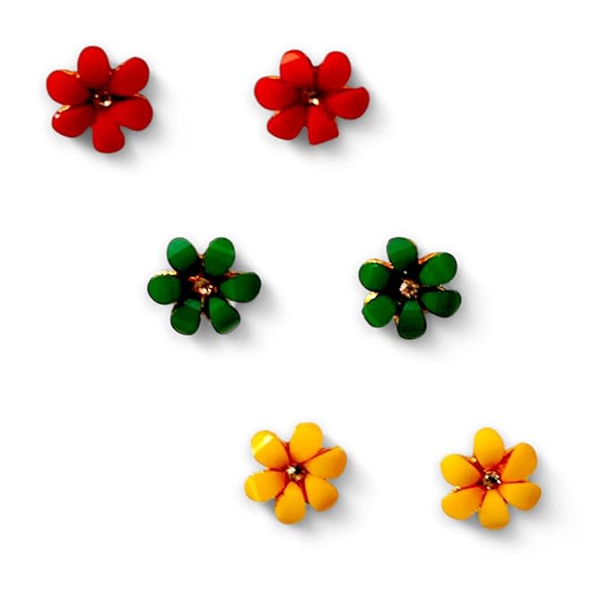 ACCESSHER Flower Stud Earrings in Red, Green, Yellow with Crystal Center | Lightweight Daily Jewellery Gift Option | Stylish Earrings for Women and Girls (Set of 3) - Image 3