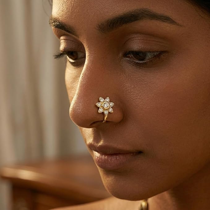 ACCESSHER Gold Plated Clip-On Nose Pin Non-Pierced Nose Ring Traditional Nath for Festive & Bridal Wear For Women & Girls - Image 3