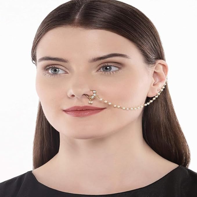 ACCESSHER Gold Plated Delicate Traditional and Ethnic Wear Stunning Kundan Embellished Delicate Clip On Nose Ring/Non-Piercing Nose Pin/Nathani for Women Pack of 1 - Image 2
