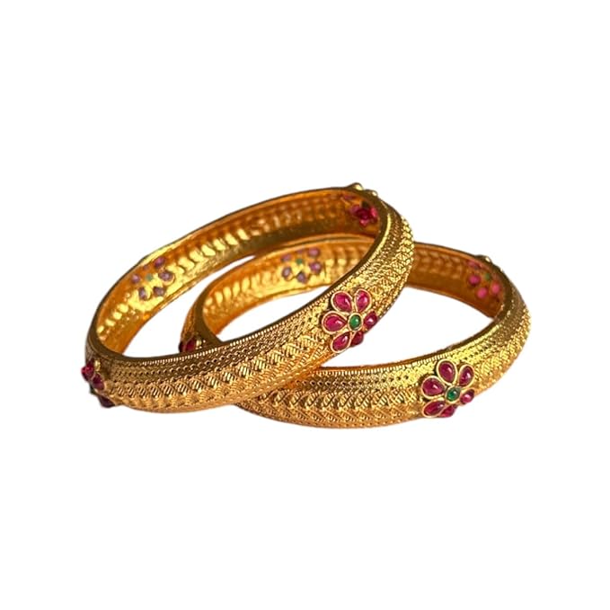 ACCESSHER Traditional and Ethnic Style Gold Plated Flower Design Statement Kada/Bangles Set of 2 for Women and Girls (2.4) - Image 4