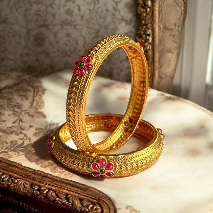ACCESSHER Traditional and Ethnic Style Gold Plated Flower Design Statement Kada/Bangles Set of 2 for Women and Girls (2.4)