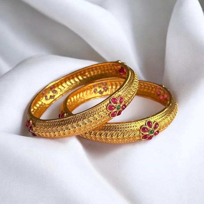 ACCESSHER Traditional and Ethnic Style Gold Plated Flower Design Statement Kada/Bangles Set of 2 for Women and Girls (2.4) - Image 3