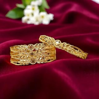ACCESSHER Gold Plated Handcrafted Kada Bangles with Floral Textured Detailing for Women & Girls (Set of 4)(2.10)