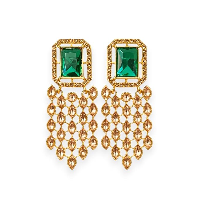 Accessher Gold Plated Indo Western Style Inspired Emerald and Rhinestones Embellished Green Stone Studded Dangle Earrings with Push Back Closure for Women and Girls| Gifting for Karwachauth | (Design 2) - Image 3